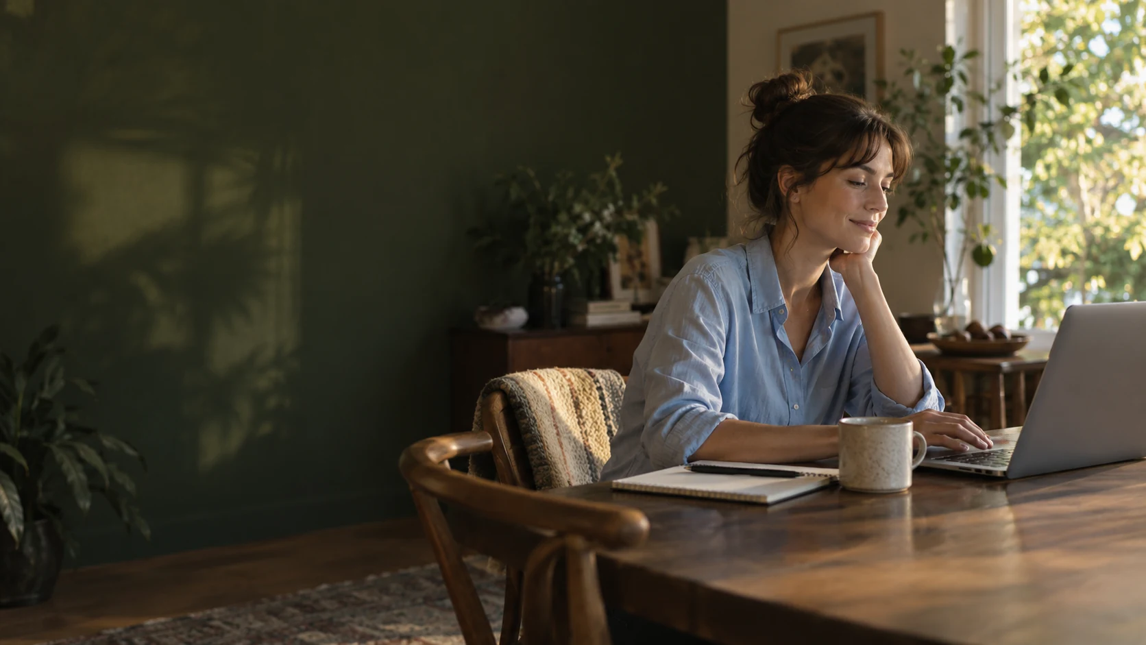 A woman enjoying a quiet moment with her laptop at home